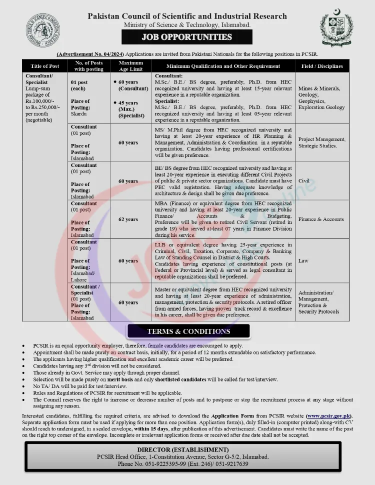 Latest PCSIR Islamabad Jobs 2024 Online Apply