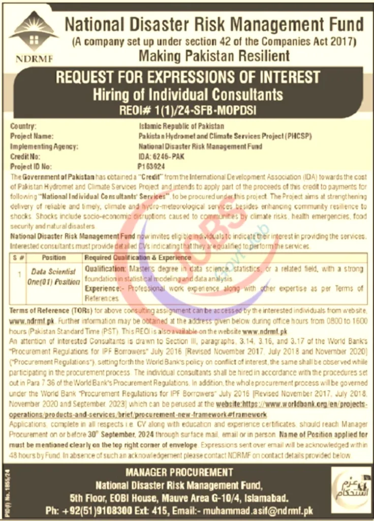 National Disaster Risk Management Fund NDRMF Jobs In Islamabad 2024