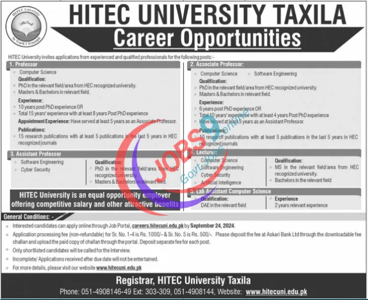 Latest HITEC University Jobs Online Application 2024