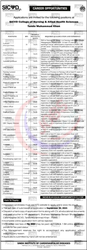Sindh Institute of Cardiovascular Diseases Jobs 2024 Online Apply