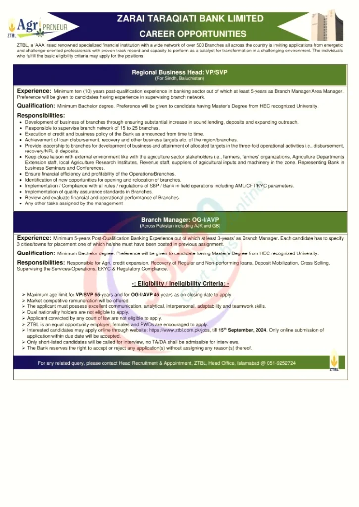 Latest Zarai Taraqiati Bank Limited ZTBL Jobs 2024