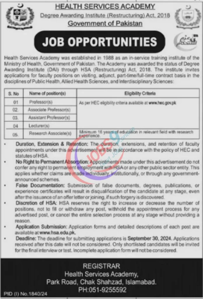 Health Services Academy Jobs 2024 In Islamabad