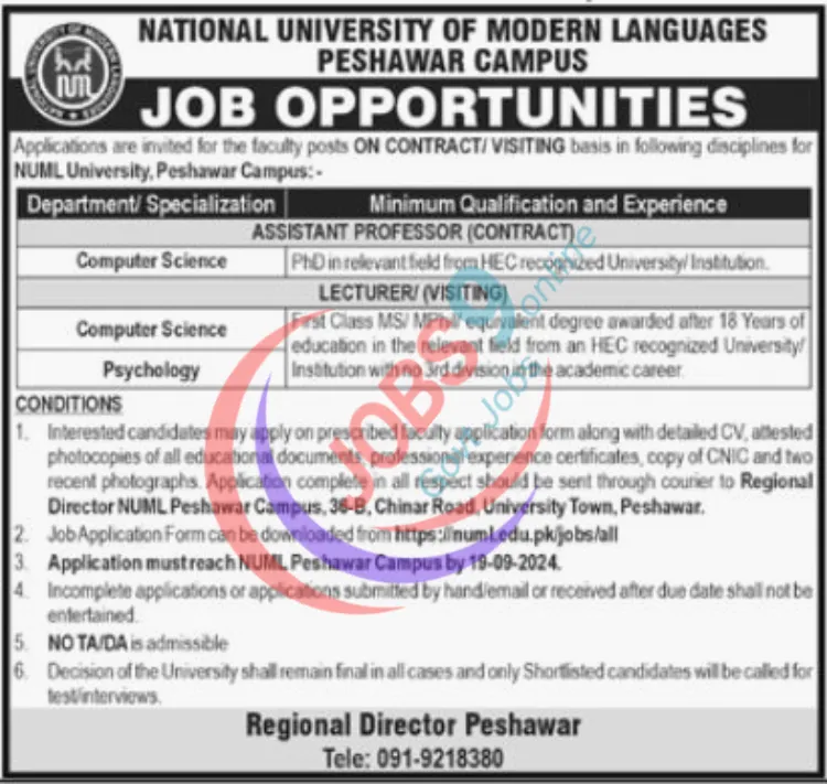 National University of Modern Languages NUML Jobs 2024 Peshawar