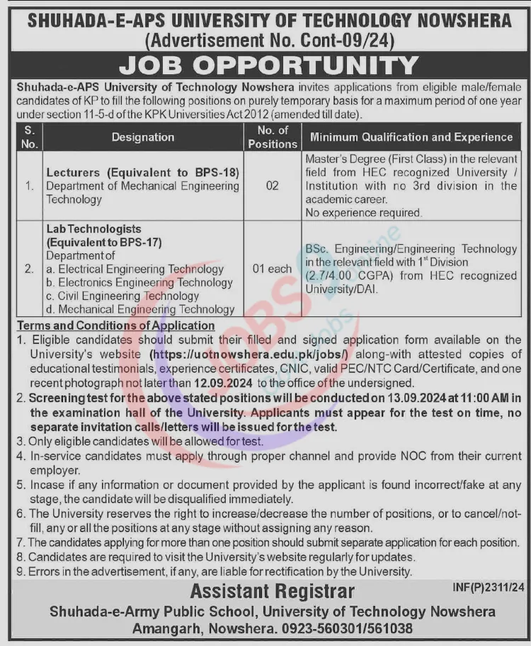 Latest Shuhada e APS University of Technology Nowshera Jobs 2024