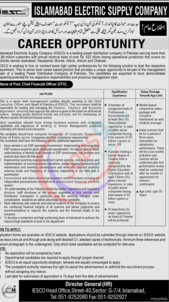 Latest Islamabad Electric Supply Company IESCO Jobs 2024 Online Apply