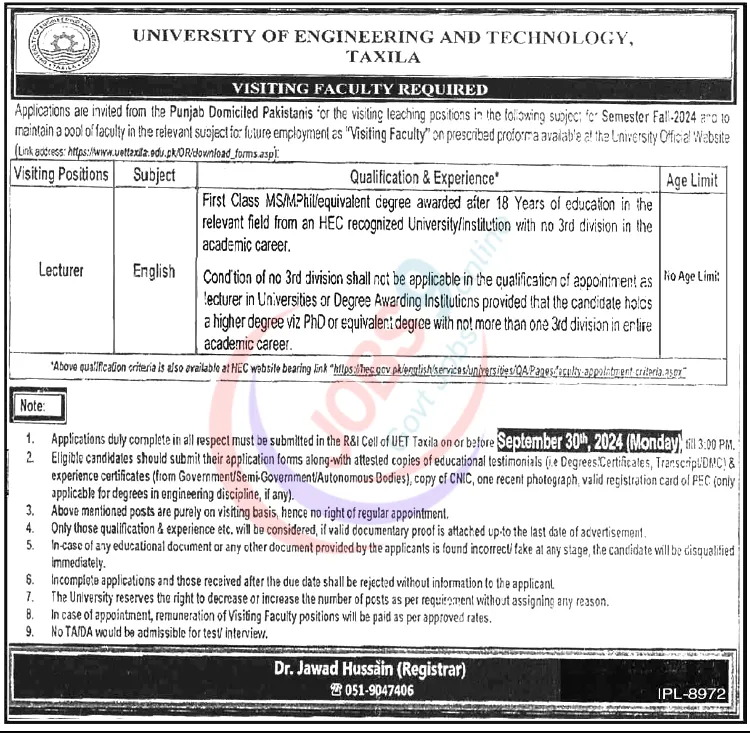 Latest University of Engineering and Technology UET Jobs Taxila 2024