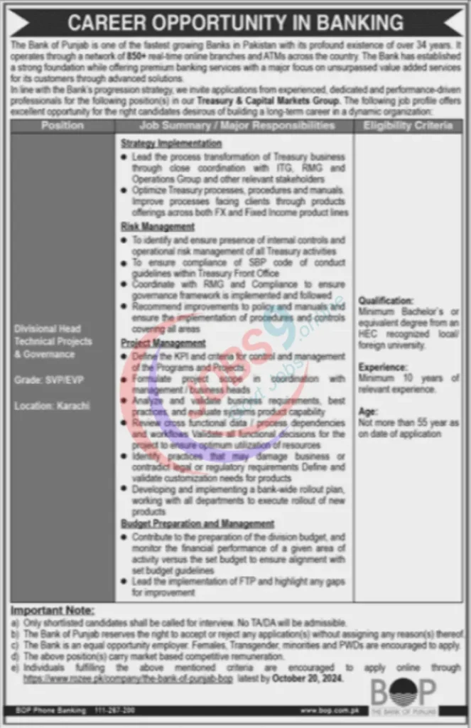 The Bank of Punjab BOP Jobs In Karachi 2024