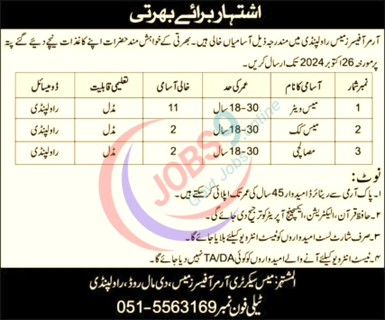 Latest Armour Officers Mess Rawalpindi Jobs 2024