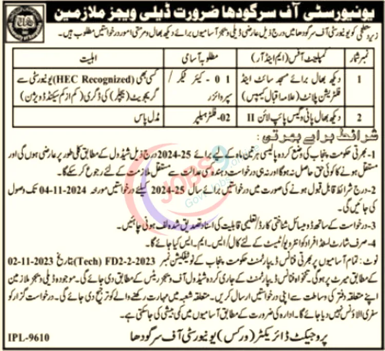 The University of Sargodha UOS Jobs In Sargodha 2024